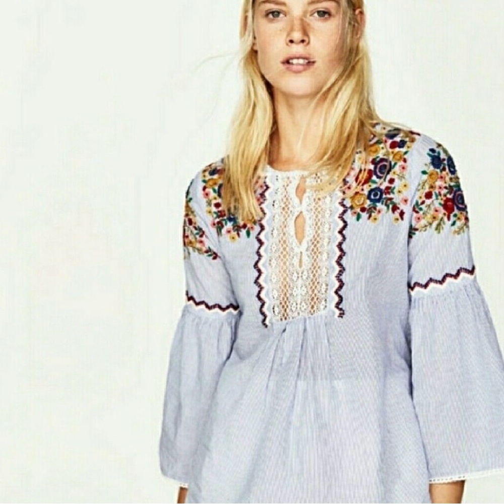 Zara Boho Striped Embroidered Peasant Top - Bell Sleeves & Crochet Lace - Picture 1 of 9
